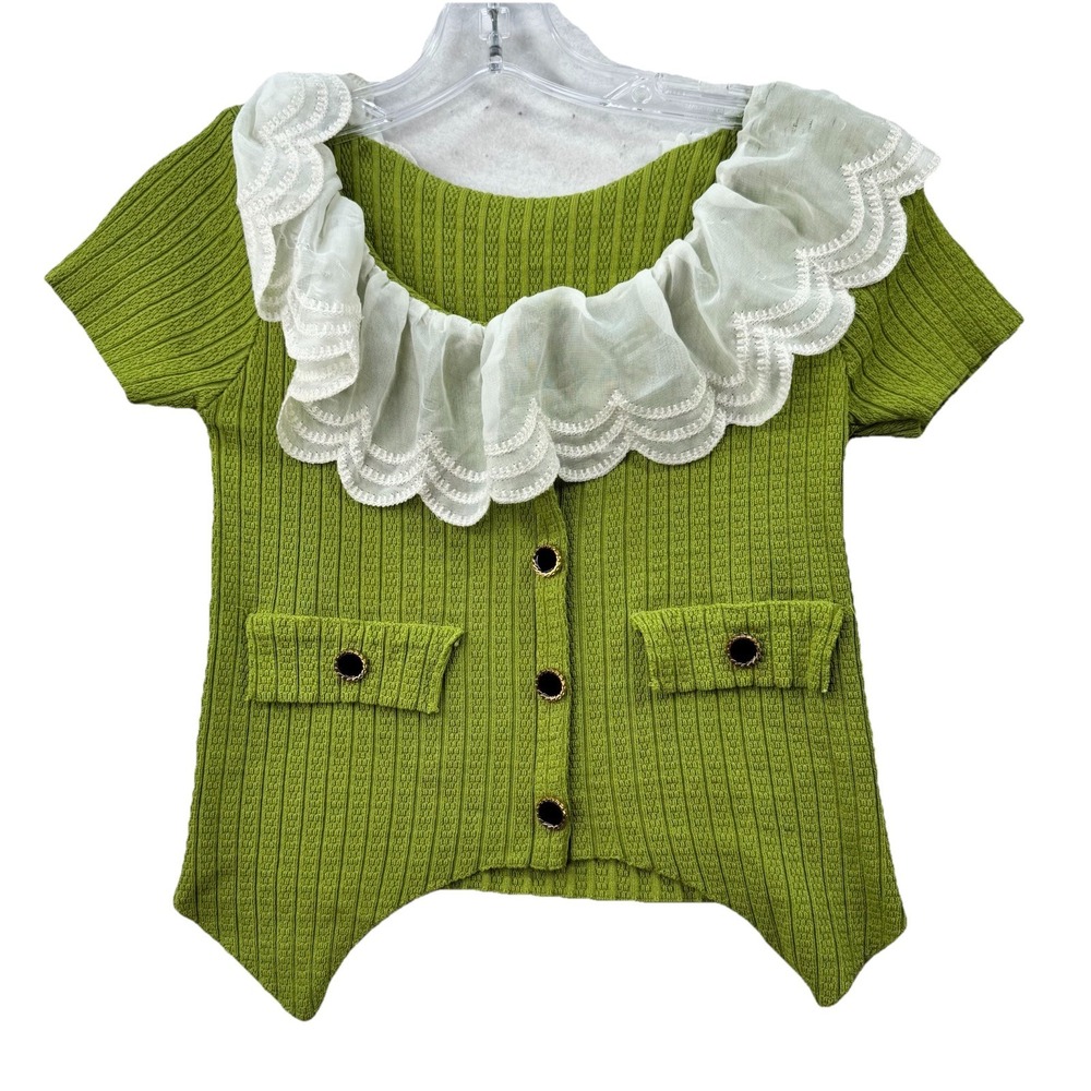 Womens XS Academia Crop Top Green With Lace Accent Black‎ Buttons Goth Preppy